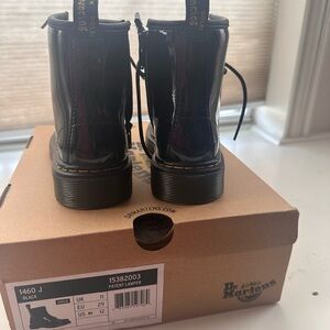 Dr. Martens Black Patent Leather Lace-Up Boots with Yellow Stitching